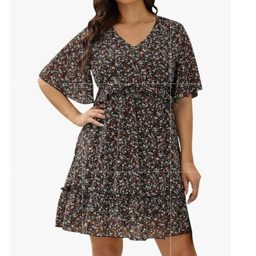 Manydress Womens Chiffon Floral‎ Print Vneck Casual Mini Boho Swing Dress Large